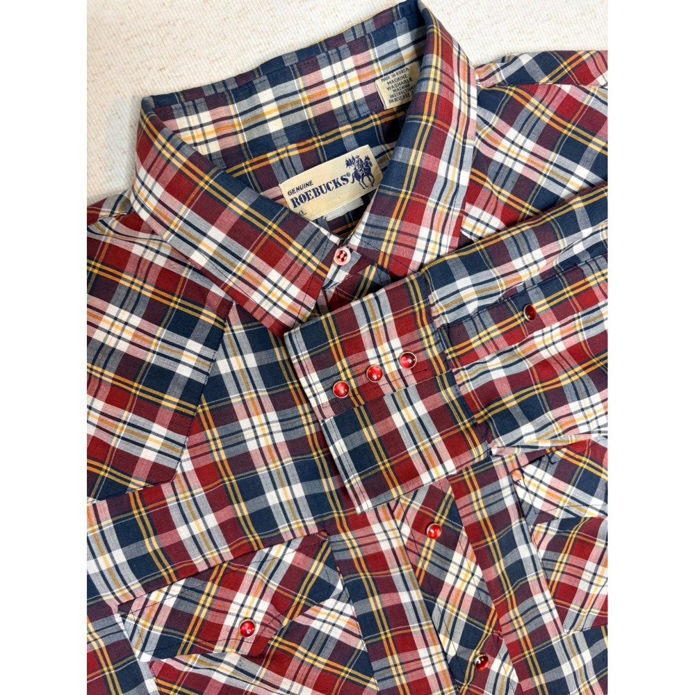 Vintage Roebucks‎ Western Pearl Snap Shirt Mens XL Plaid Red Navy Cowboy 64031